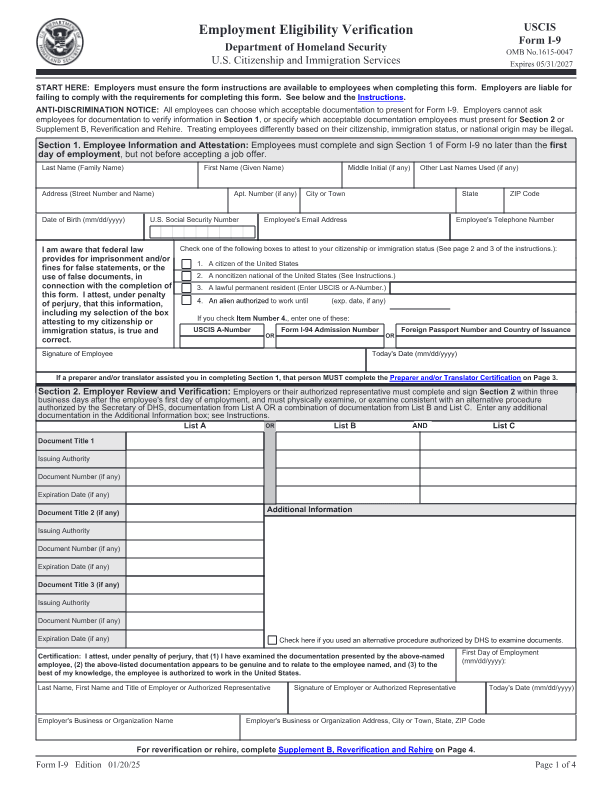Aperçu du formulaire I-9, page 1
