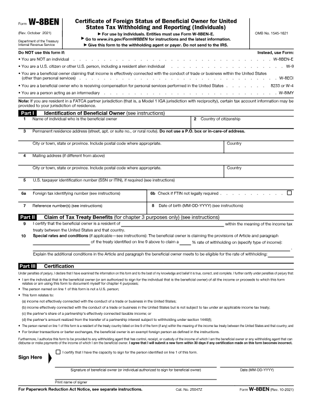 Aperçu du formulaire W-8BEN, page 1