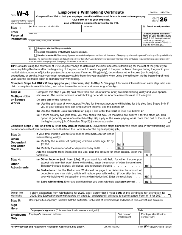 Aperçu du formulaire W-4, page 1